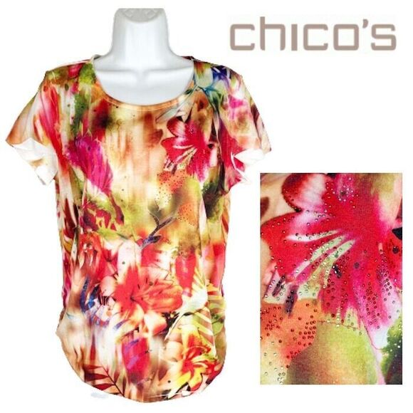 Chico's Tops - Chicos 1 Knit Top NEW M Pink Green White Colorful FLORAL Studs Rhinestones USA